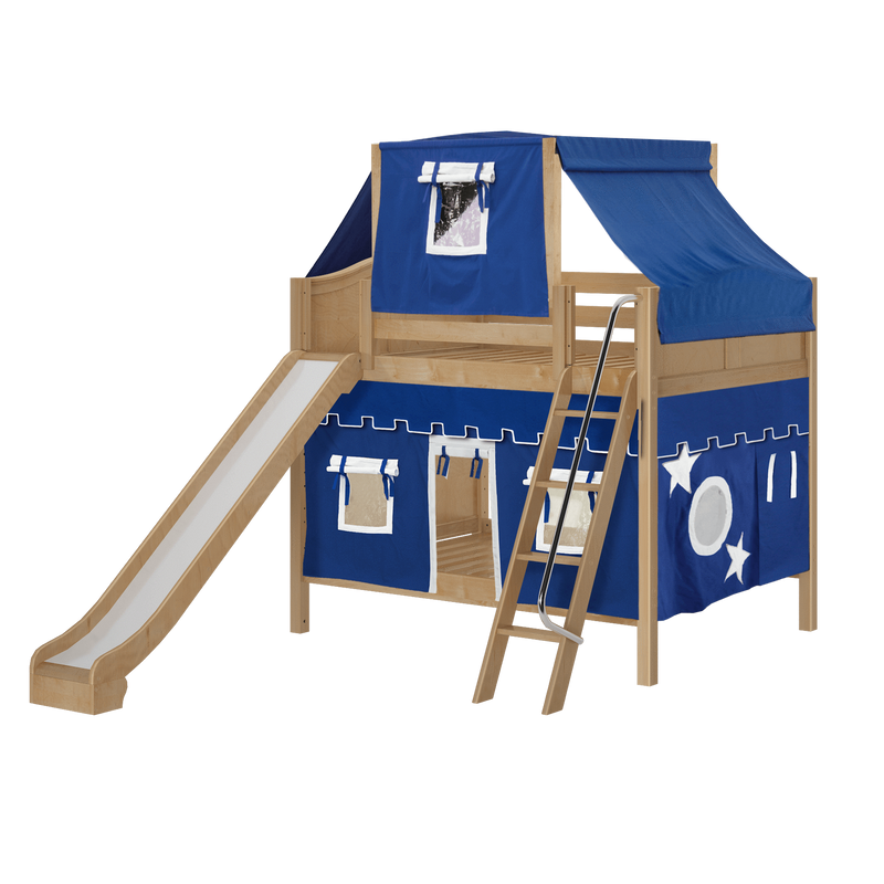 Maxtrix Full Medium Bunk Bed with Angled Ladder, Curtain, Top Tent + Slide