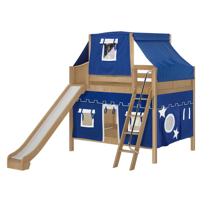 Maxtrix Full Medium Bunk Bed with Angled Ladder, Curtain, Top Tent + Slide