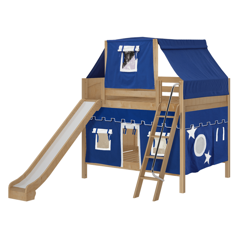 Maxtrix Full Medium Bunk Bed with Angled Ladder, Curtain, Top Tent + Slide