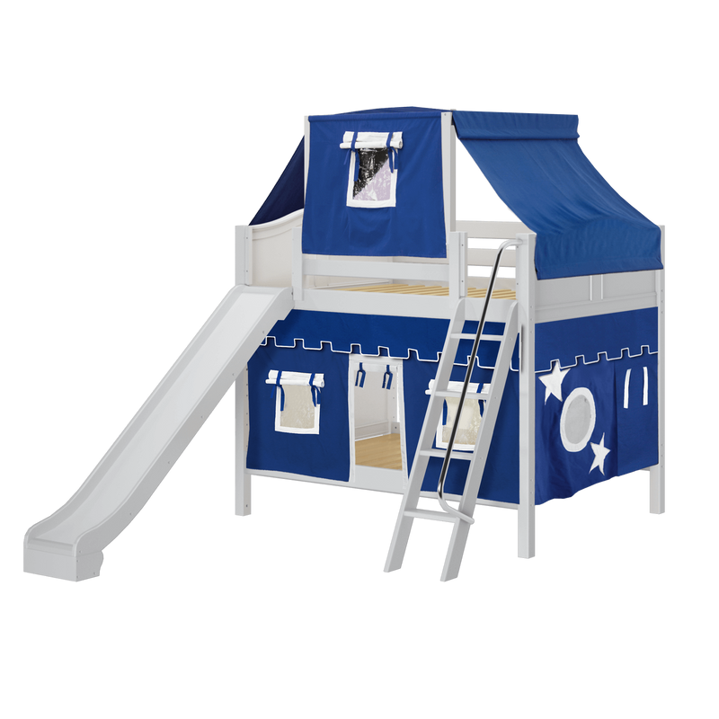 Maxtrix Full Medium Bunk Bed with Angled Ladder, Curtain, Top Tent + Slide