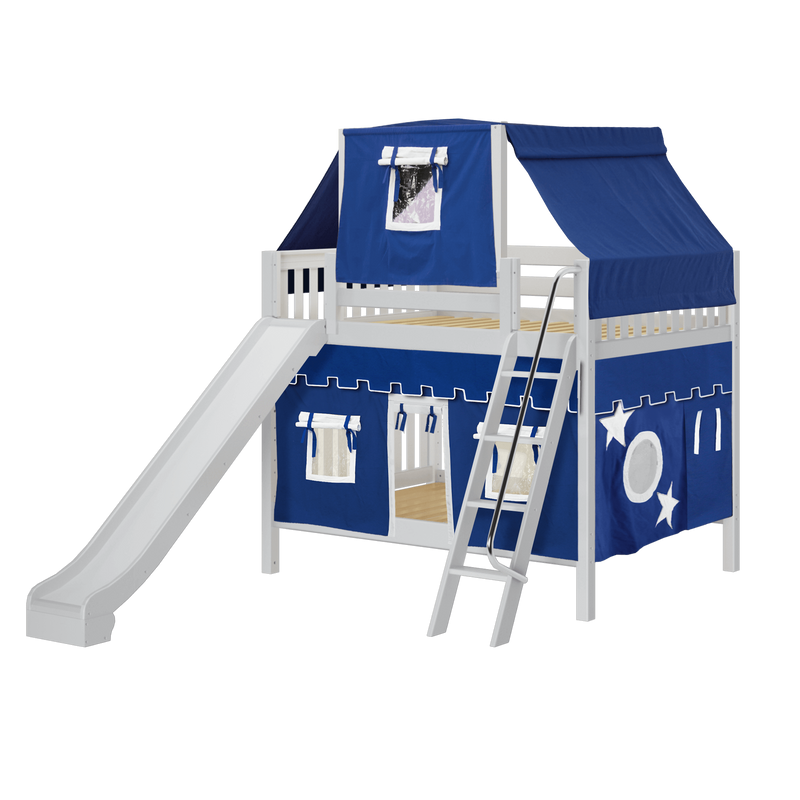 Maxtrix Full Medium Bunk Bed with Angled Ladder, Curtain, Top Tent + Slide