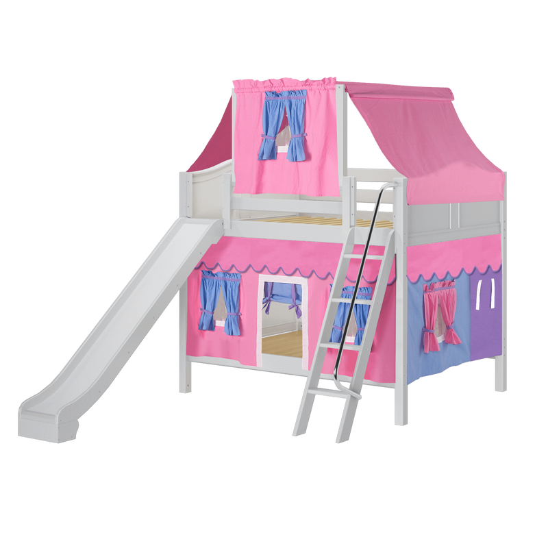 Maxtrix Full Medium Bunk Bed with Angled Ladder, Curtain, Top Tent + Slide