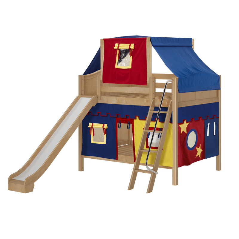 Maxtrix Full Medium Bunk Bed with Angled Ladder, Curtain, Top Tent + Slide