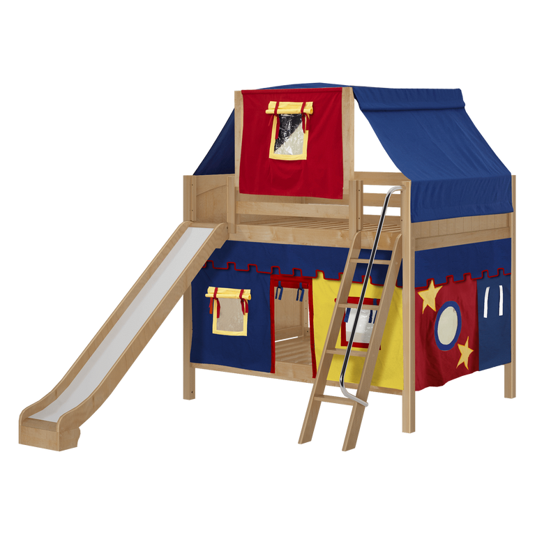 Maxtrix Full Medium Bunk Bed with Angled Ladder, Curtain, Top Tent + Slide
