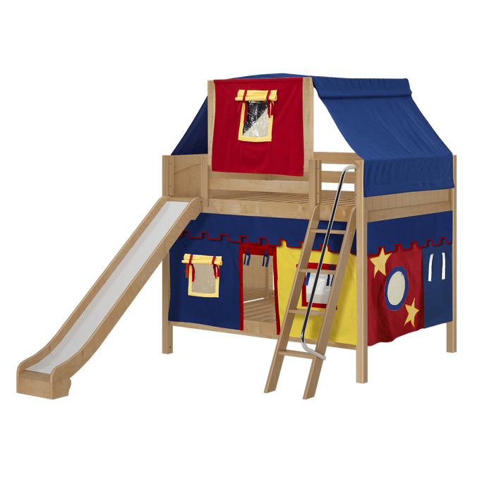 Maxtrix Full Medium Bunk Bed with Angled Ladder, Curtain, Top Tent + Slide