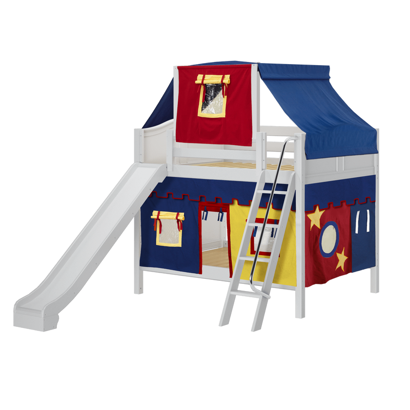 Maxtrix Full Medium Bunk Bed with Angled Ladder, Curtain, Top Tent + Slide