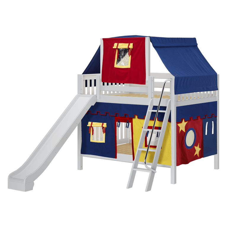 Maxtrix Full Medium Bunk Bed with Angled Ladder, Curtain, Top Tent + Slide