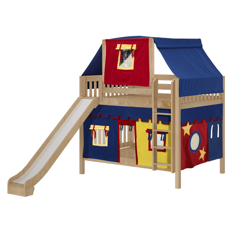 Maxtrix Full Medium Bunk Bed with Straight Ladder, Curtain, Top Tent + Slide