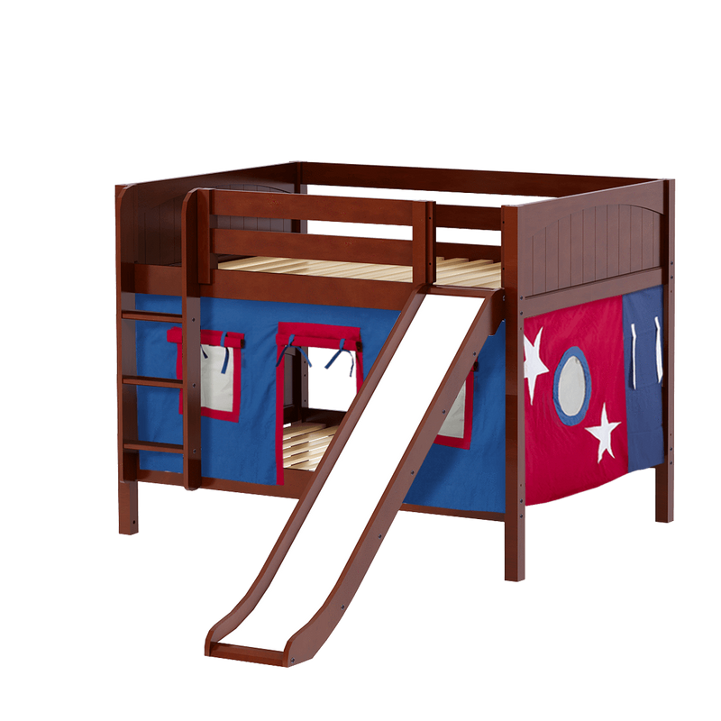 Maxtrix Full Low Bunk Bed with Straight Ladder, Curtain + Slide