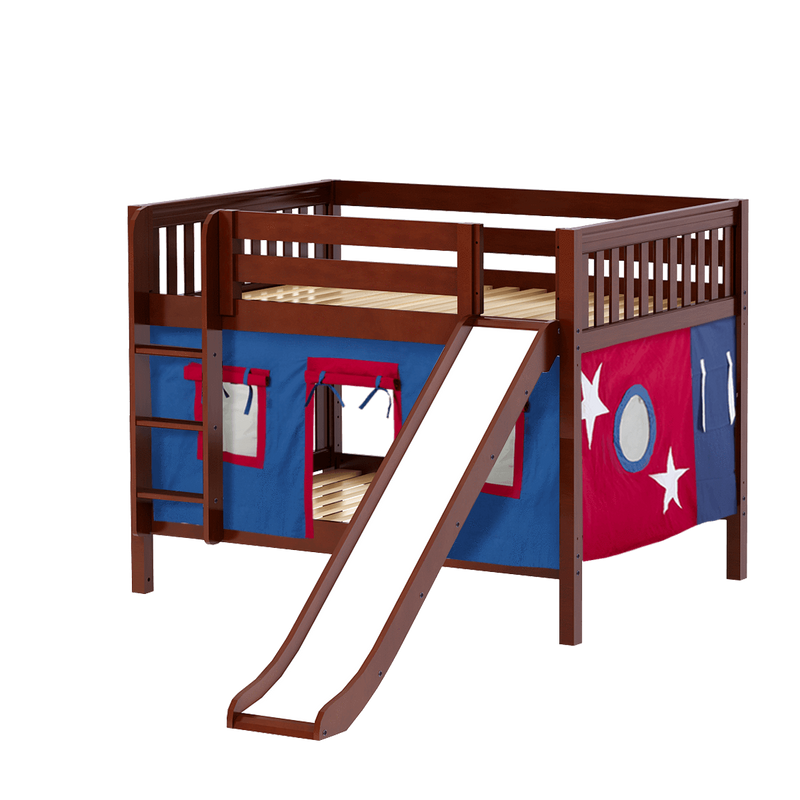 Maxtrix Full Low Bunk Bed with Straight Ladder, Curtain + Slide