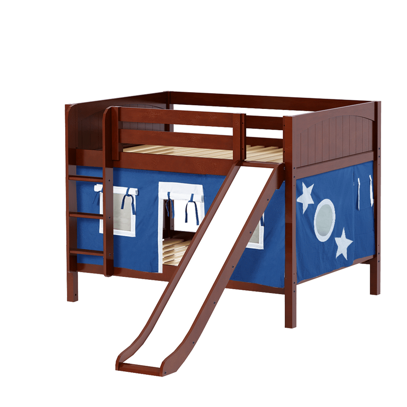 Maxtrix Full Low Bunk Bed with Straight Ladder, Curtain + Slide