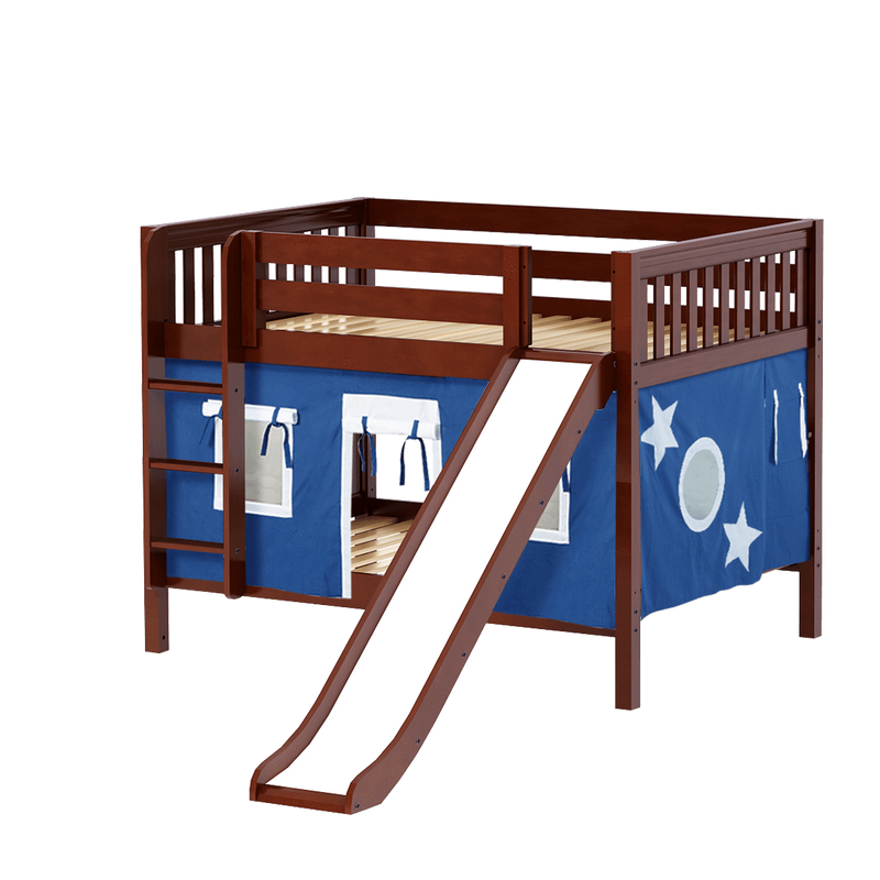 Maxtrix Full Low Bunk Bed with Straight Ladder, Curtain + Slide