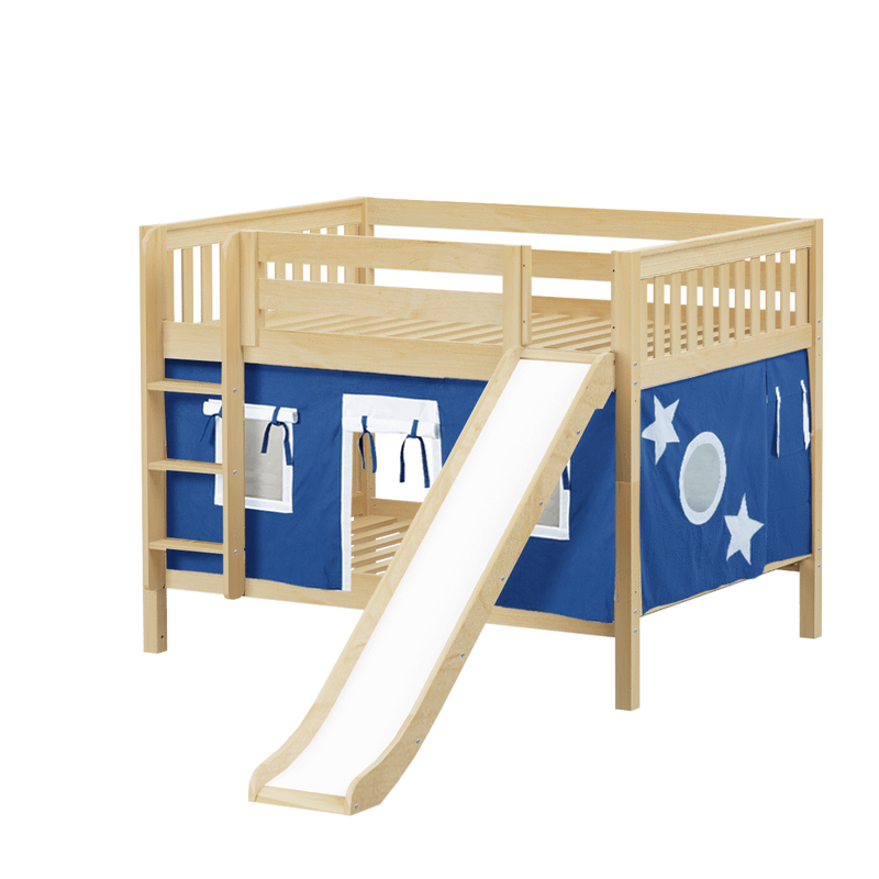Maxtrix Full Low Bunk Bed with Straight Ladder, Curtain + Slide