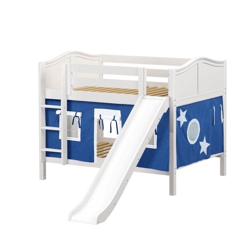 Maxtrix Full Low Bunk Bed with Straight Ladder, Curtain + Slide