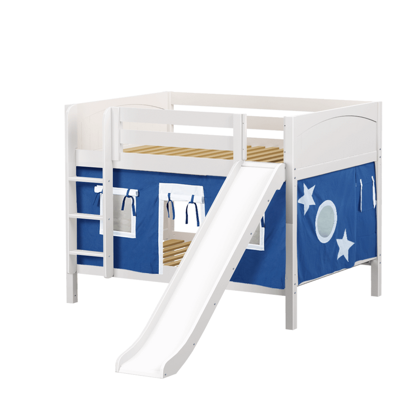 Maxtrix Full Low Bunk Bed with Straight Ladder, Curtain + Slide