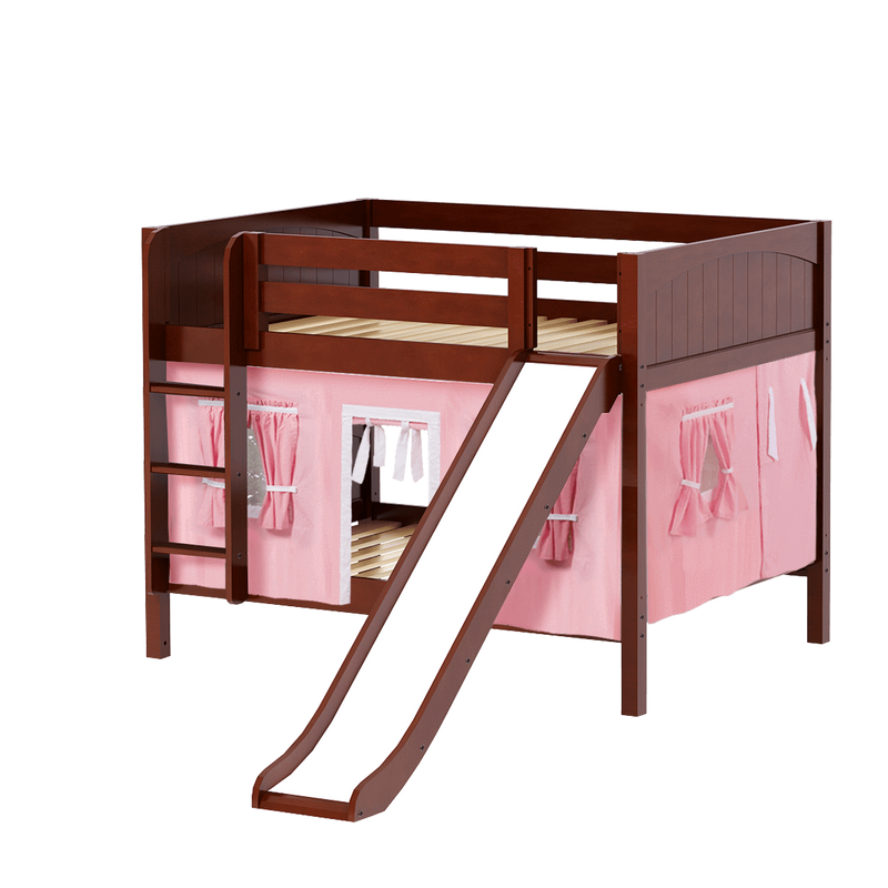 Maxtrix Full Low Bunk Bed with Straight Ladder, Curtain + Slide