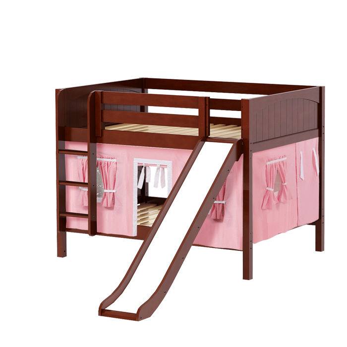 Maxtrix Full Low Bunk Bed with Straight Ladder, Curtain + Slide
