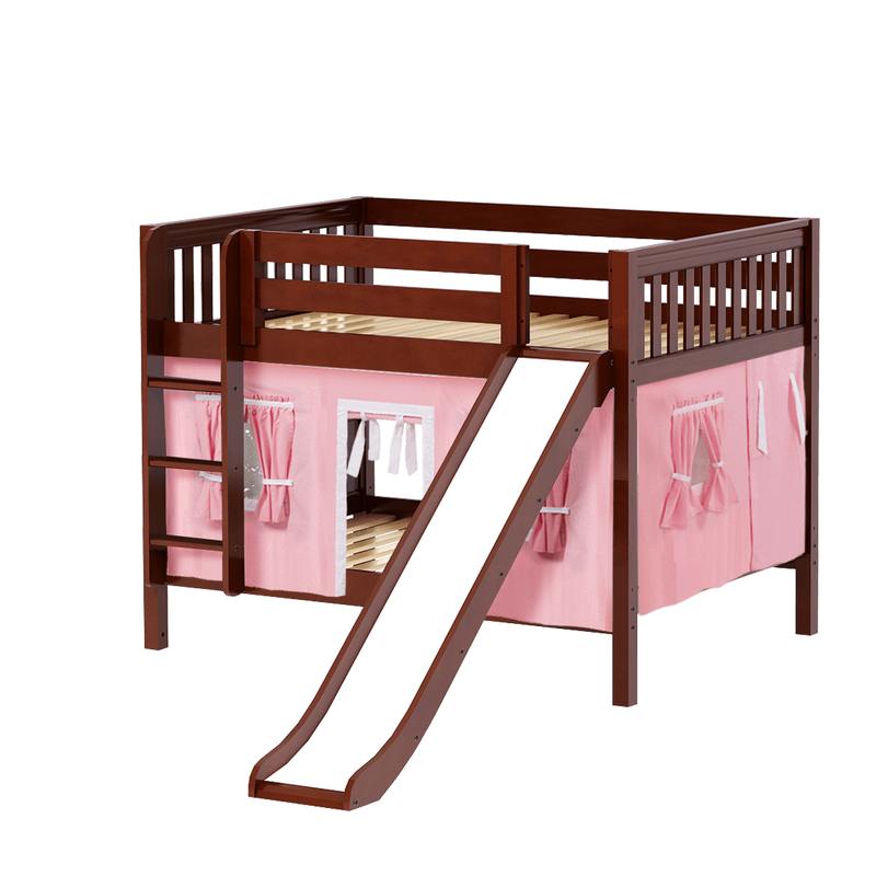 Maxtrix Full Low Bunk Bed with Straight Ladder, Curtain + Slide