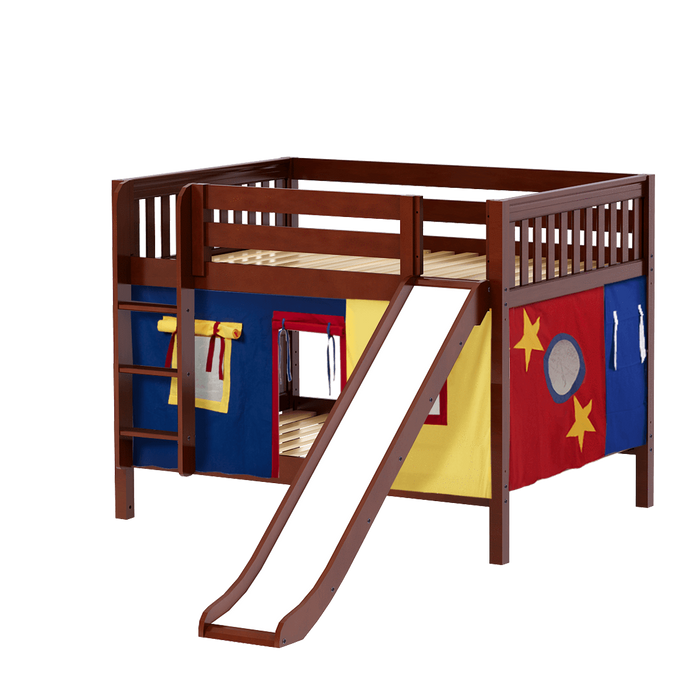Maxtrix Full Low Bunk Bed with Straight Ladder, Curtain + Slide