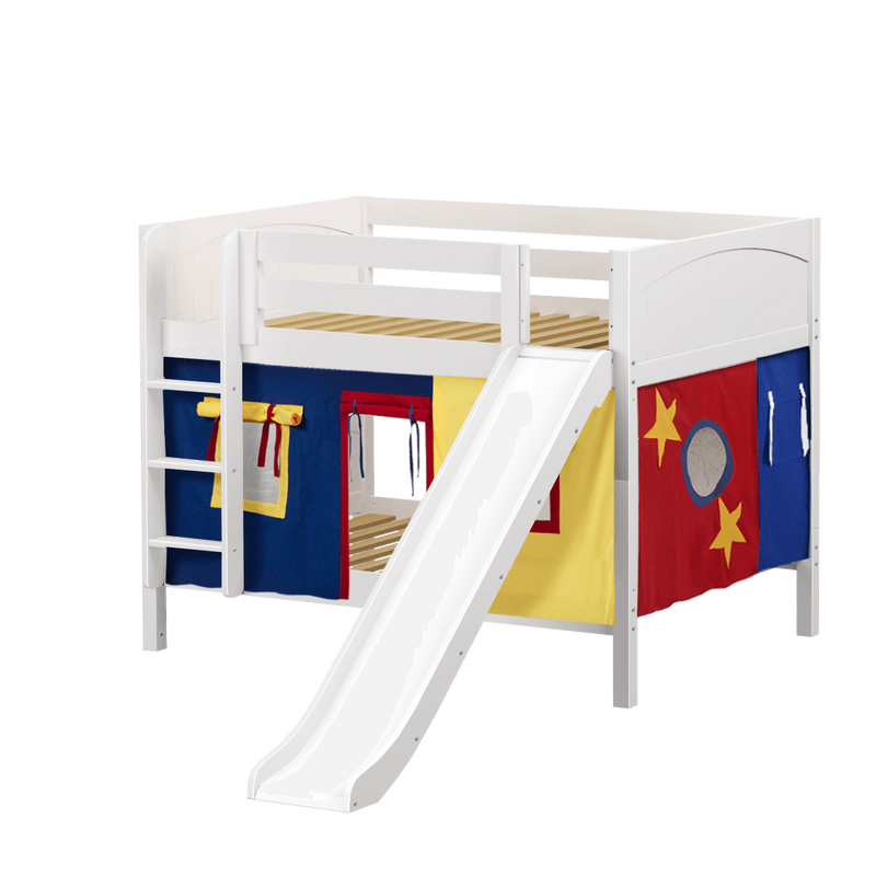 Maxtrix Full Low Bunk Bed with Straight Ladder, Curtain + Slide