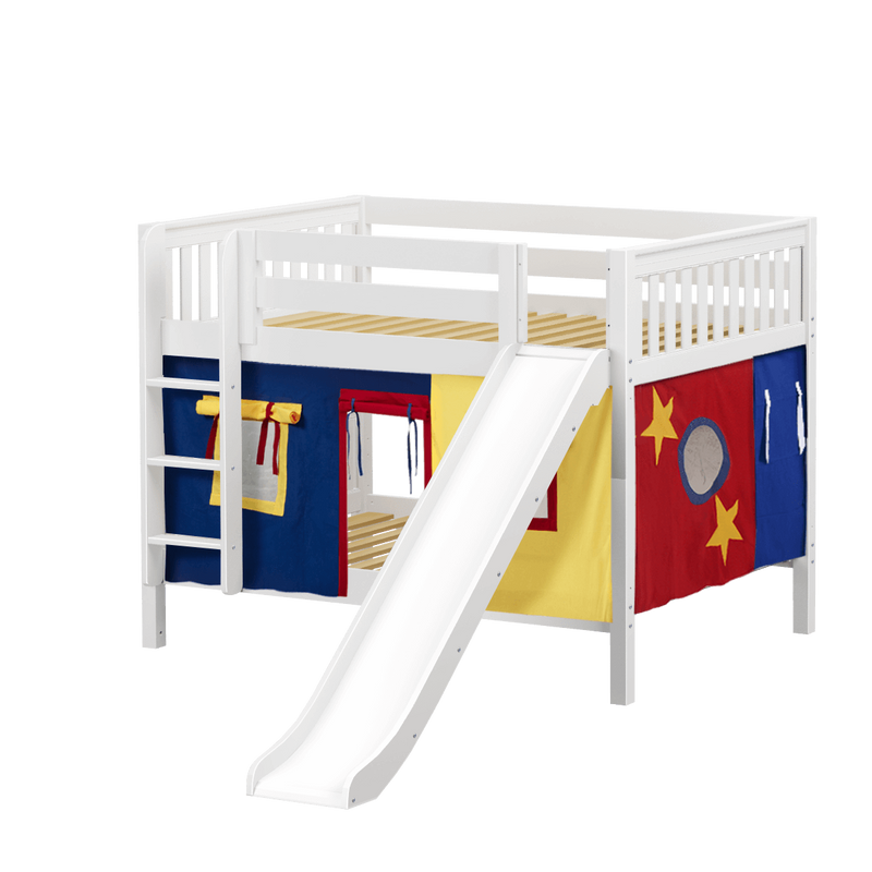 Maxtrix Full Low Bunk Bed with Straight Ladder, Curtain + Slide