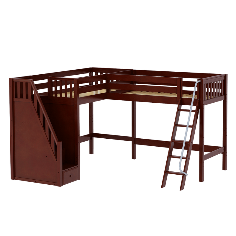 Maxtrix Twin High Corner Loft Bed with Ladder + Stairs - L