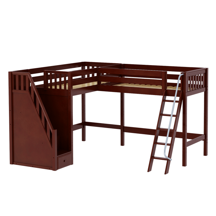 Maxtrix Twin High Corner Loft Bed with Ladder + Stairs - L