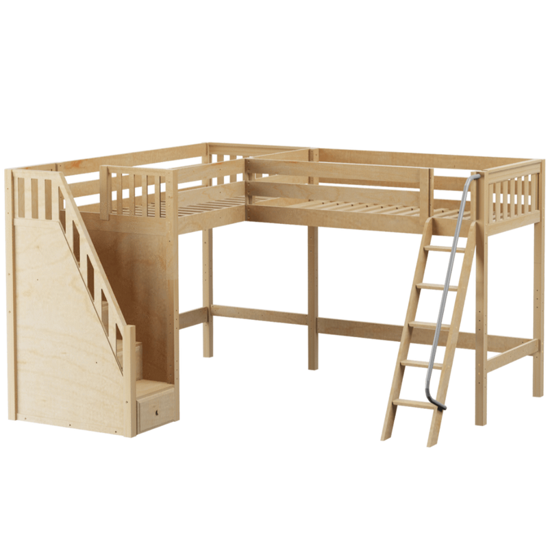 Maxtrix Twin XL High Corner Loft Bed with Ladder + Stairs - L