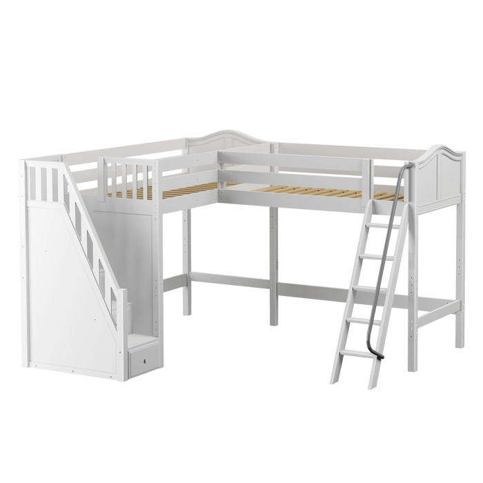 Maxtrix Twin High Corner Loft Bed with Ladder + Stairs - L
