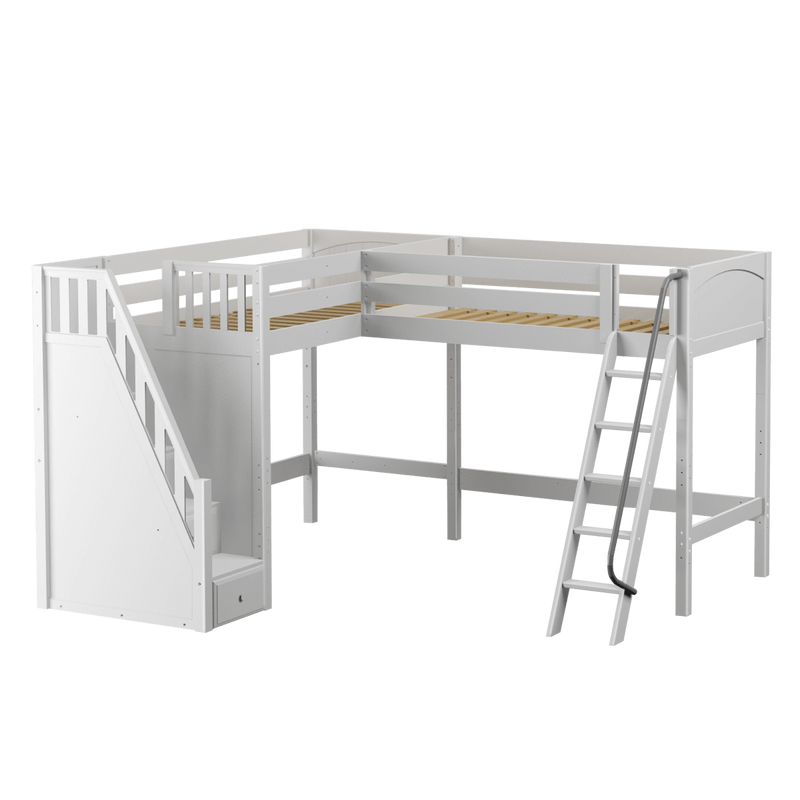 Maxtrix Twin High Corner Loft Bed with Ladder + Stairs - L