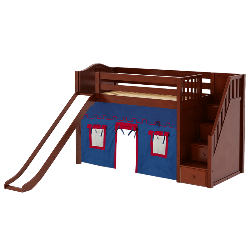 Maxtrix Twin Mid Loft Bed with Stairs, Curtain + Slide