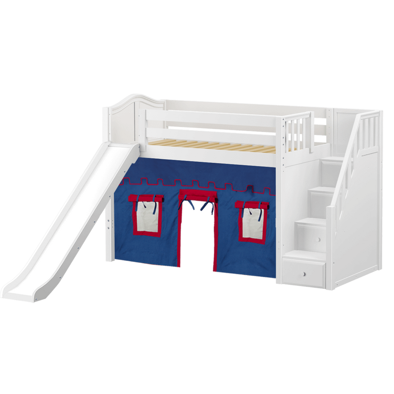 Maxtrix Twin Mid Loft Bed with Stairs, Curtain + Slide