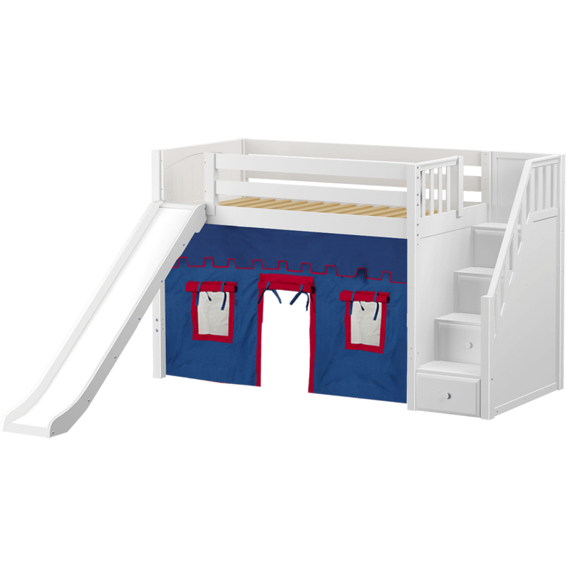 Maxtrix Twin Mid Loft Bed with Stairs, Curtain + Slide