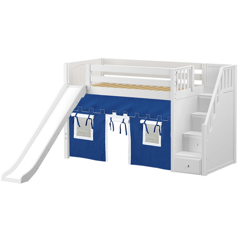Maxtrix Twin Mid Loft Bed with Stairs, Curtain + Slide