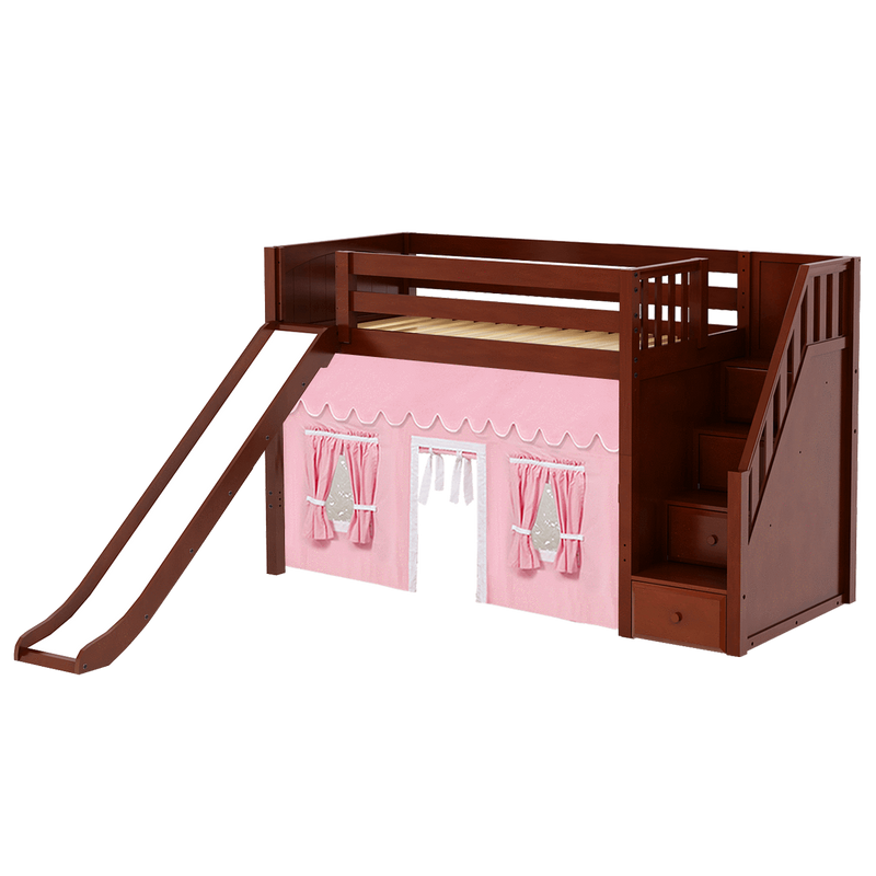 Maxtrix Twin Mid Loft Bed with Stairs, Curtain + Slide