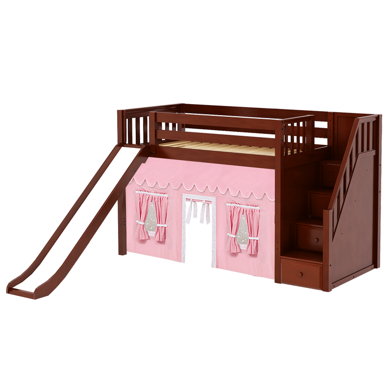 Maxtrix Twin Mid Loft Bed with Stairs, Curtain + Slide