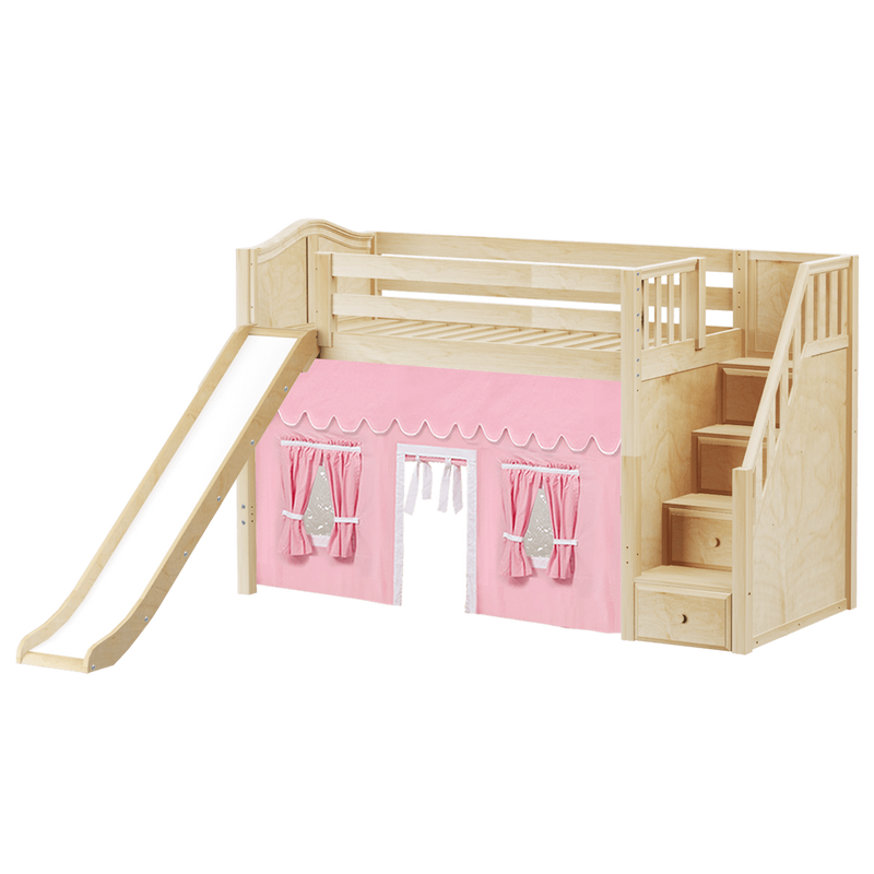 Maxtrix Twin Mid Loft Bed with Stairs, Curtain + Slide