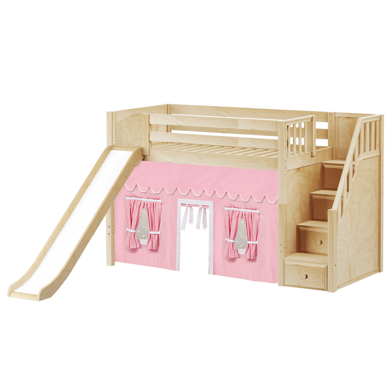 Maxtrix Twin Mid Loft Bed with Stairs, Curtain + Slide
