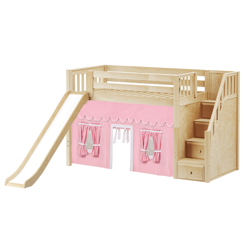Maxtrix Twin Mid Loft Bed with Stairs, Curtain + Slide