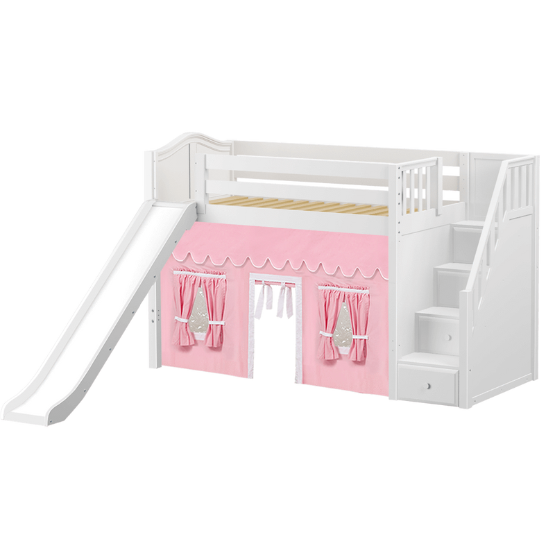 Maxtrix Twin Mid Loft Bed with Stairs, Curtain + Slide