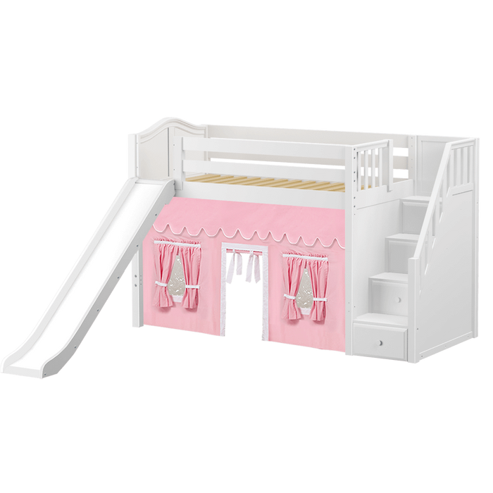 Maxtrix Twin Mid Loft Bed with Stairs, Curtain + Slide