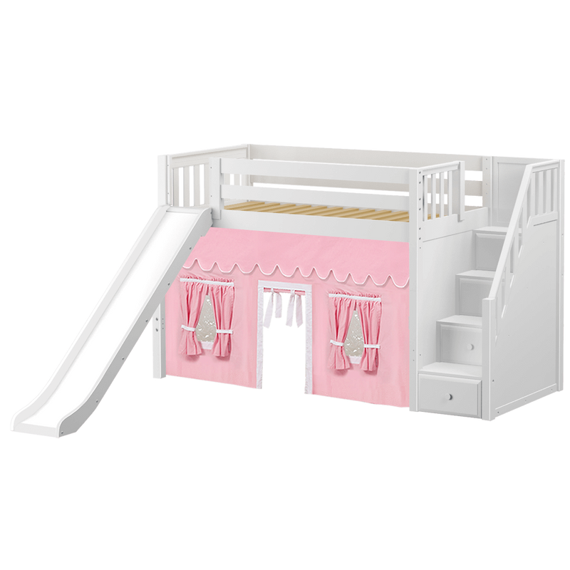 Maxtrix Twin Mid Loft Bed with Stairs, Curtain + Slide