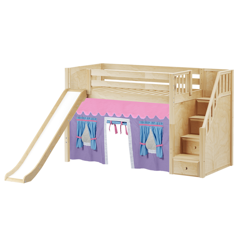 Maxtrix Twin Mid Loft Bed with Stairs, Curtain + Slide
