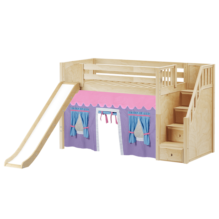 Maxtrix Twin Mid Loft Bed with Stairs, Curtain + Slide