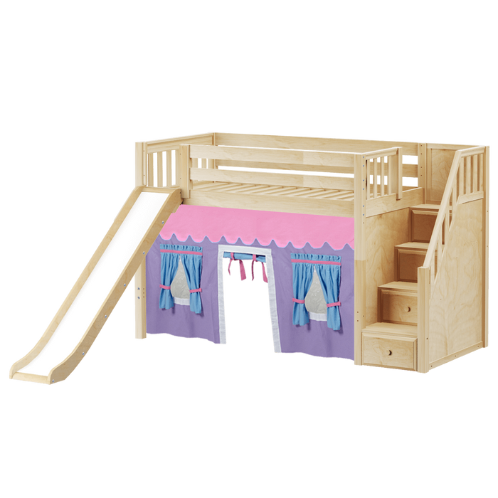 Maxtrix Twin Mid Loft Bed with Stairs, Curtain + Slide