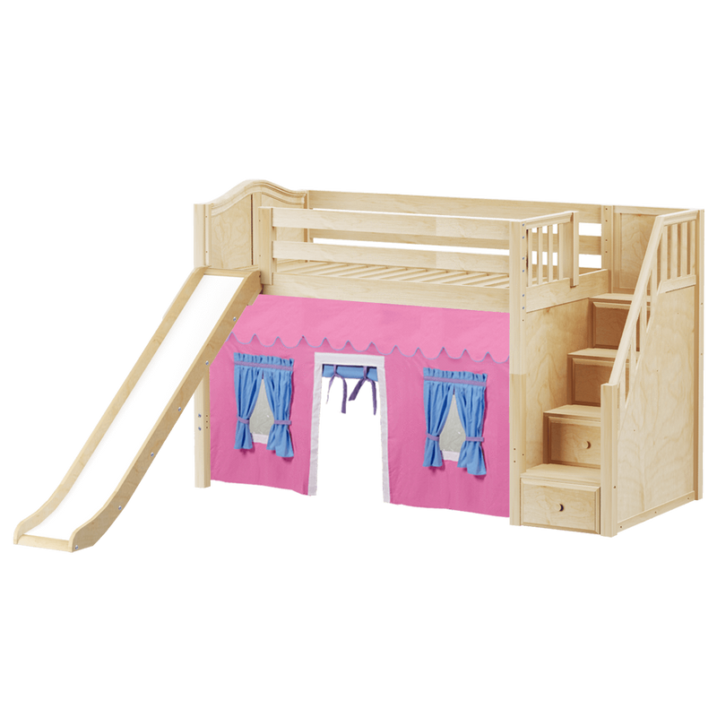 Maxtrix Twin Mid Loft Bed with Stairs, Curtain + Slide