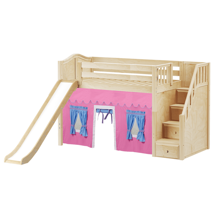 Maxtrix Twin Mid Loft Bed with Stairs, Curtain + Slide