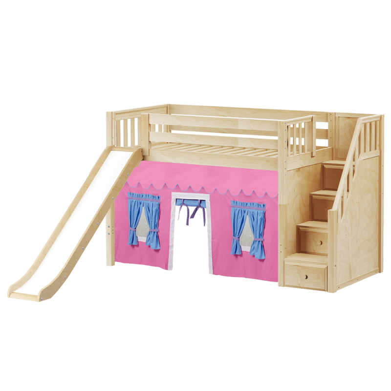 Maxtrix Twin Mid Loft Bed with Stairs, Curtain + Slide
