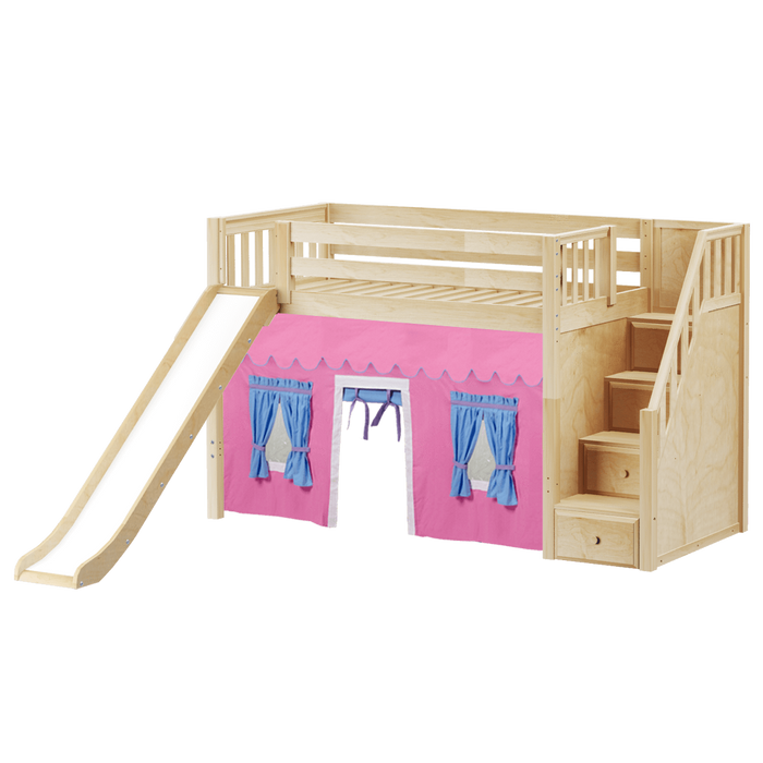 Maxtrix Twin Mid Loft Bed with Stairs, Curtain + Slide