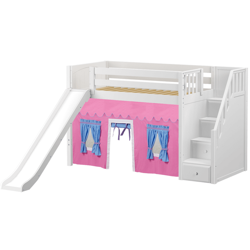 Maxtrix Twin Mid Loft Bed with Stairs, Curtain + Slide